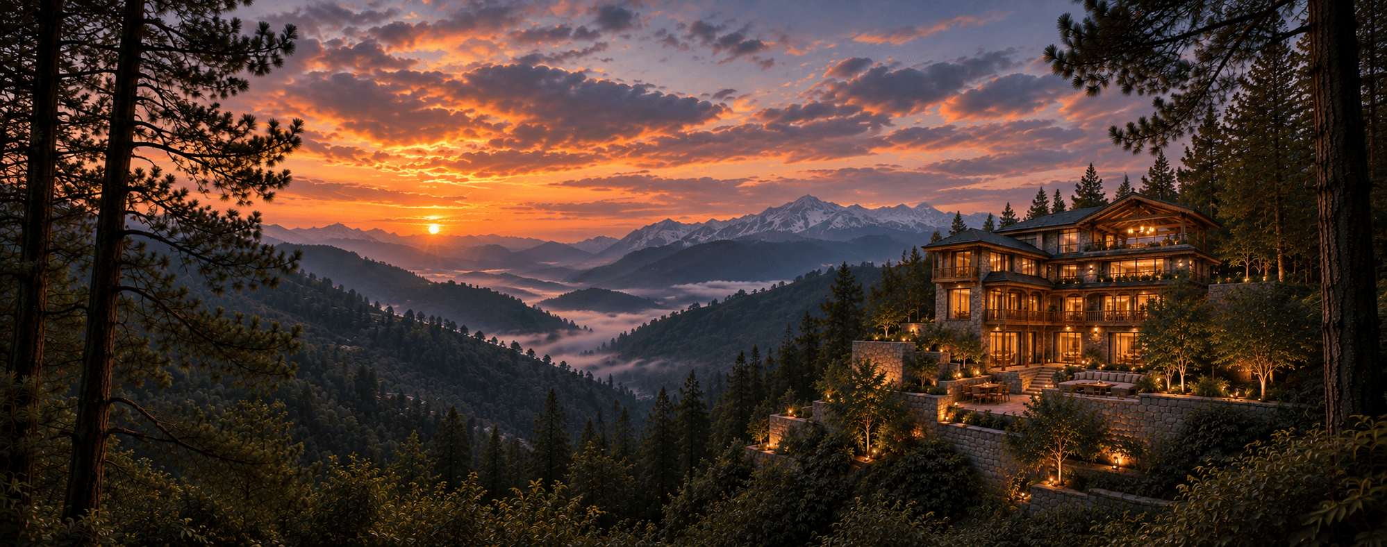 Ekant Himalayas eco-luxury resort exterior at dusk, Solan, Himachal Pradesh